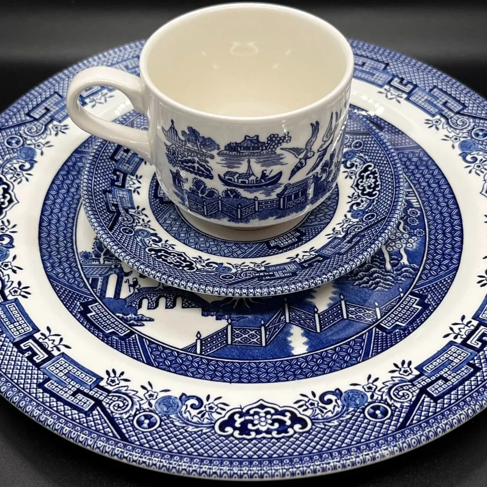 Blue Willow 3 Piece Set-Dinner Plate, Cup and Saucer by Churchill NIB